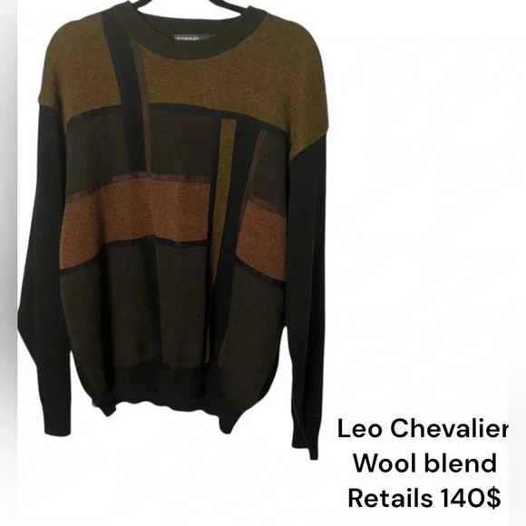 LEO CHEVALIER sweater.Men XL.Wool blend ,Black,brown,geometric design,multimedia - Picture 1 of 16